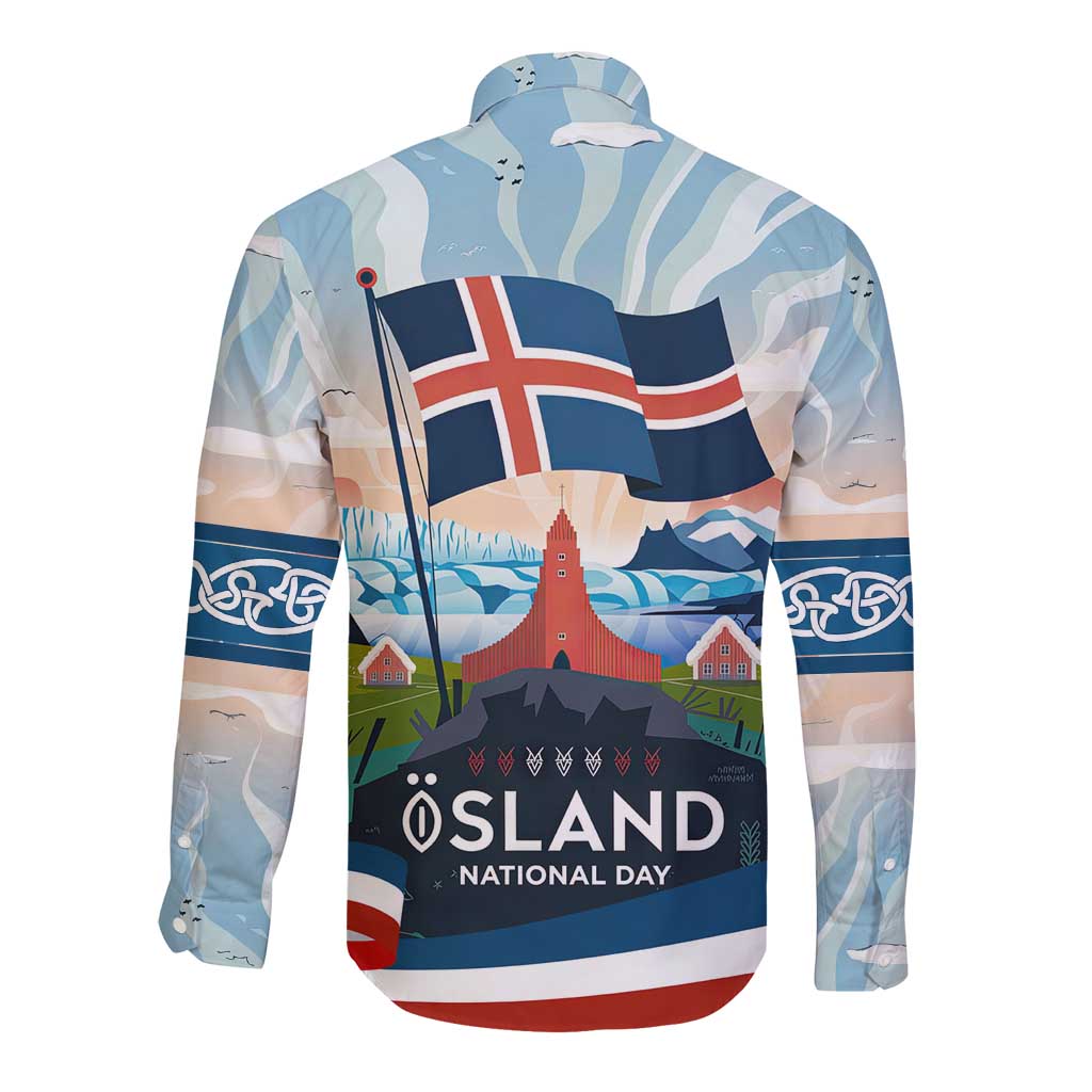 Iceland National Day Long Sleeve Button Shirt with Icelandic Flag Crest and Scenic Landscape Design
