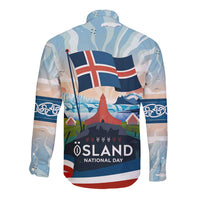 Iceland National Day Long Sleeve Button Shirt with Icelandic Flag Crest and Scenic Landscape Design