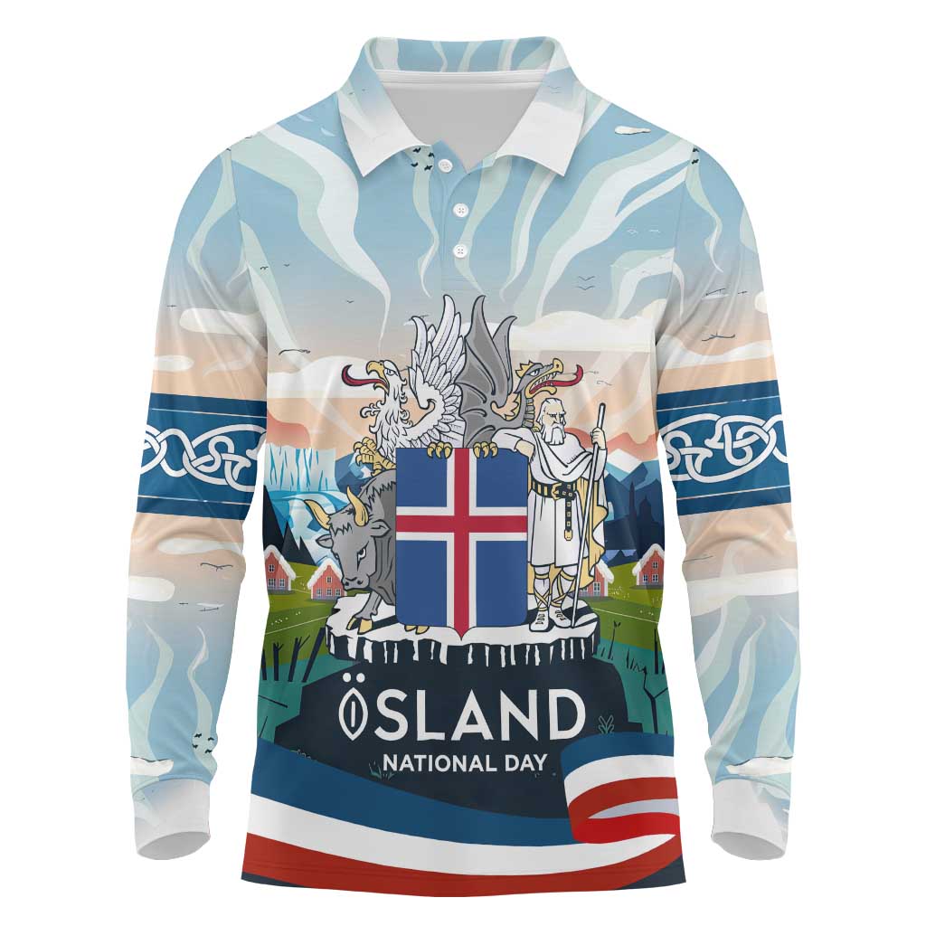 Iceland National Day Long Sleeve Polo Shirt with Icelandic Flag Crest and Scenic Landscape Design