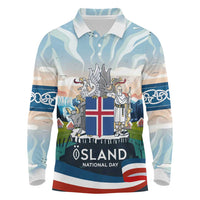 Iceland National Day Long Sleeve Polo Shirt with Icelandic Flag Crest and Scenic Landscape Design