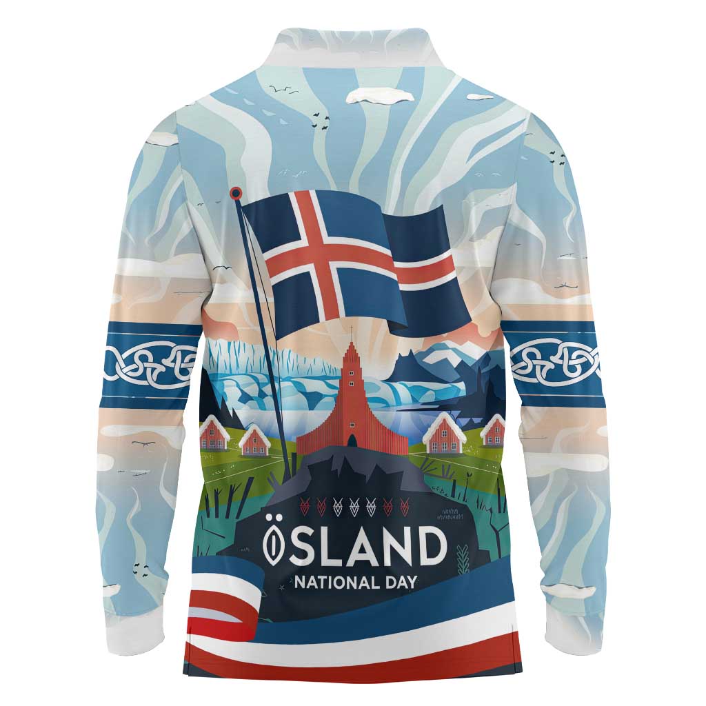 Iceland National Day Long Sleeve Polo Shirt with Icelandic Flag Crest and Scenic Landscape Design