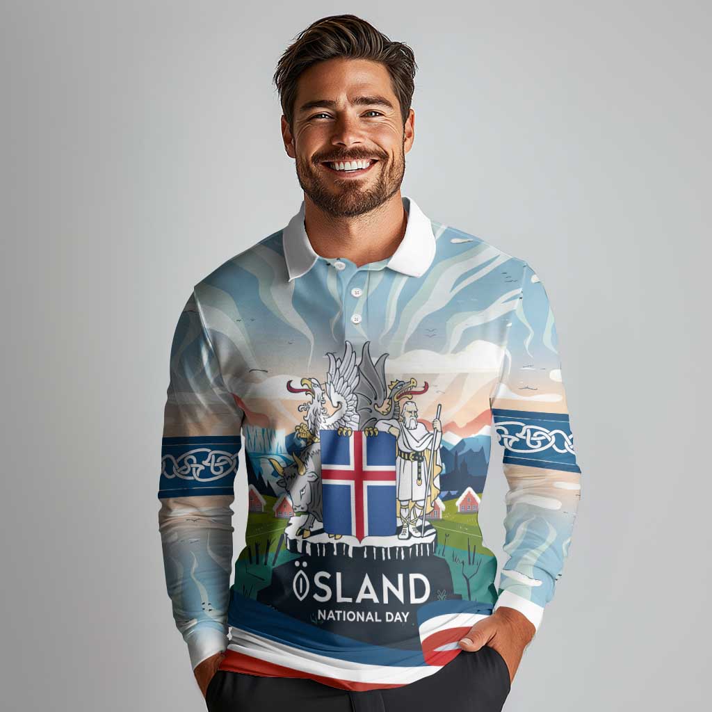Iceland National Day Long Sleeve Polo Shirt with Icelandic Flag Crest and Scenic Landscape Design