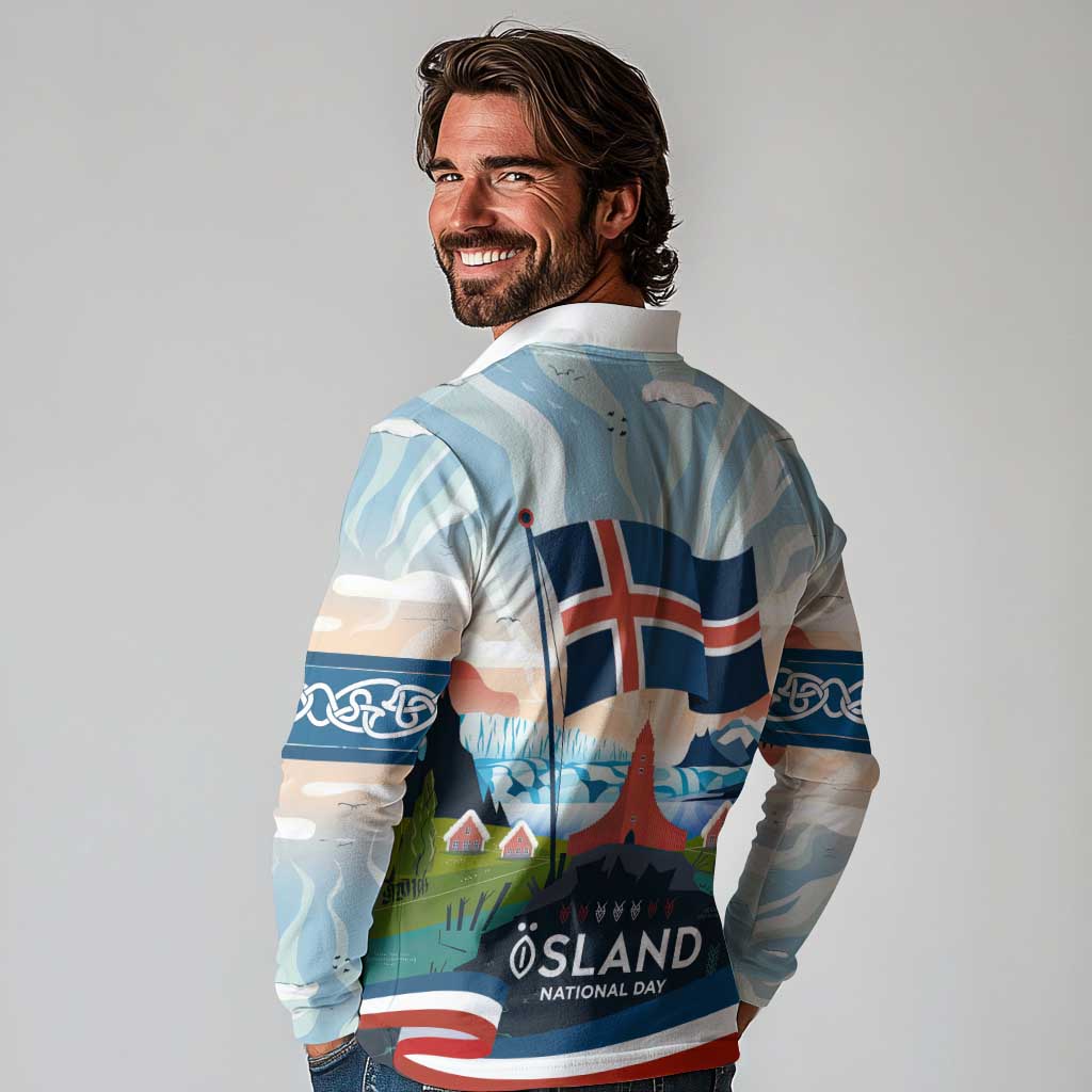 Iceland National Day Long Sleeve Polo Shirt with Icelandic Flag Crest and Scenic Landscape Design