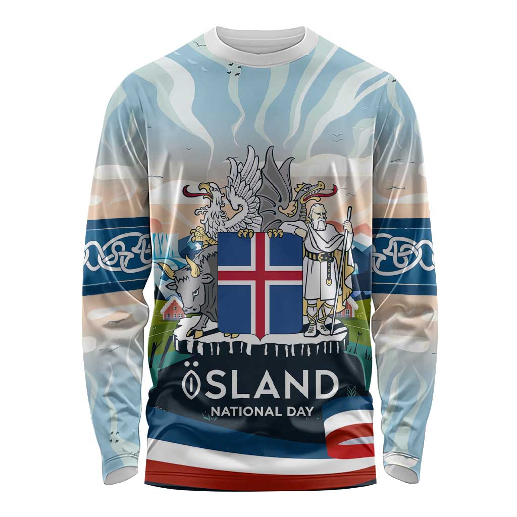 Iceland National Day Long Sleeve Shirt with Icelandic Flag Crest and Scenic Landscape Design