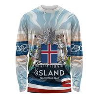 Iceland National Day Long Sleeve Shirt with Icelandic Flag Crest and Scenic Landscape Design