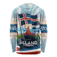 Iceland National Day Long Sleeve Shirt with Icelandic Flag Crest and Scenic Landscape Design