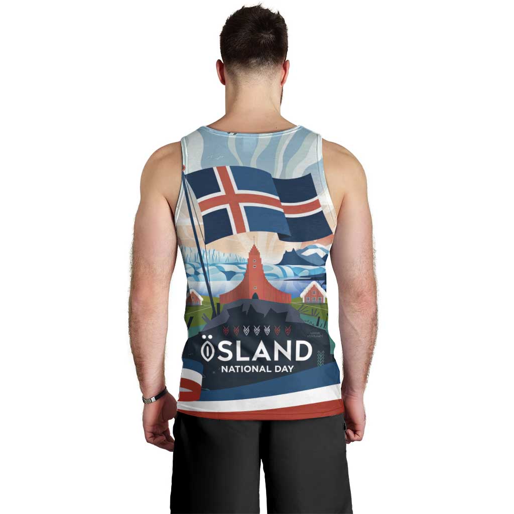 Iceland National Day Men Tank Top with Icelandic Flag Crest and Scenic Landscape Design