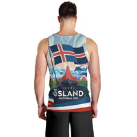 Iceland National Day Men Tank Top with Icelandic Flag Crest and Scenic Landscape Design