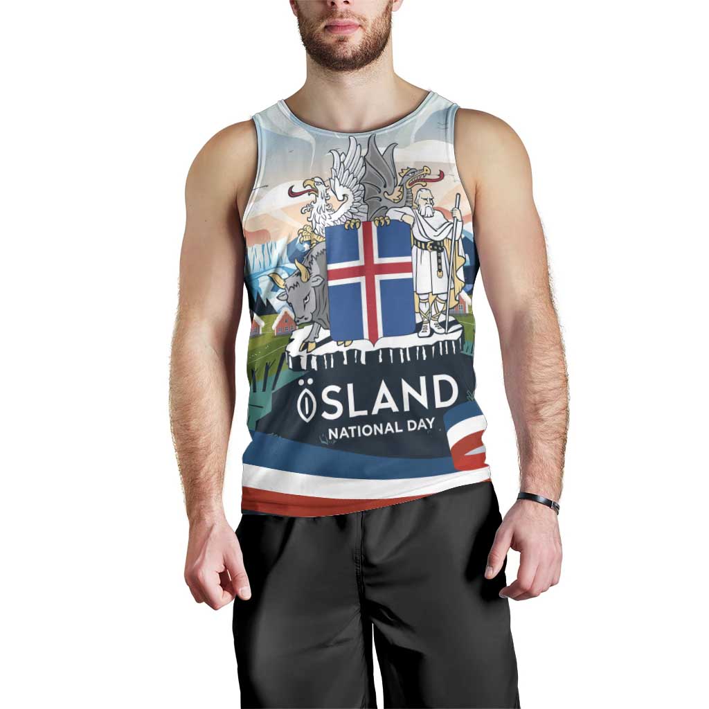 Iceland National Day Men Tank Top with Icelandic Flag Crest and Scenic Landscape Design