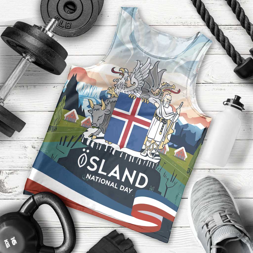 Iceland National Day Men Tank Top with Icelandic Flag Crest and Scenic Landscape Design