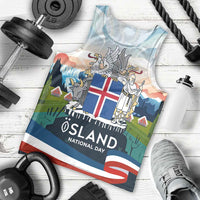 Iceland National Day Men Tank Top with Icelandic Flag Crest and Scenic Landscape Design