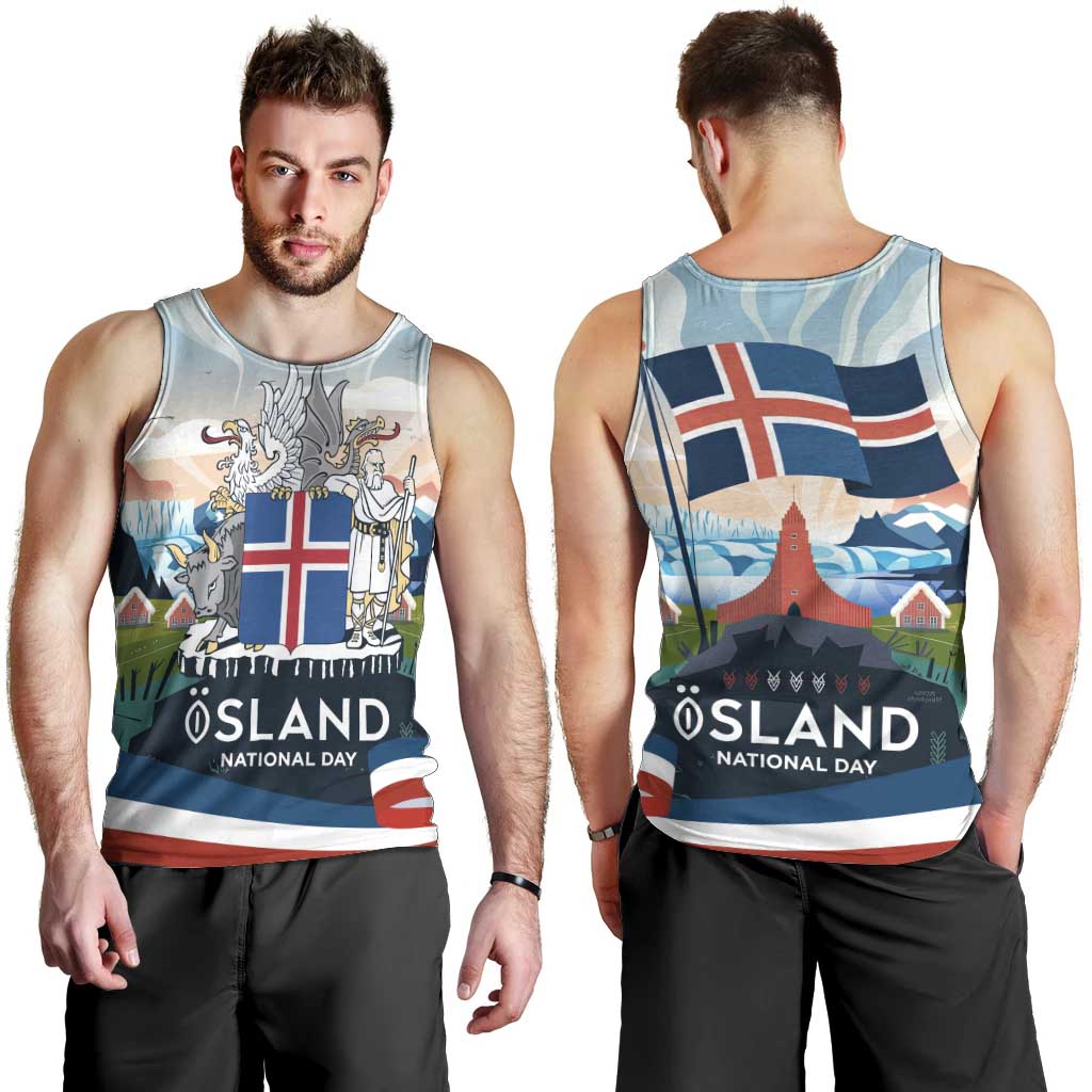 Iceland National Day Men Tank Top with Icelandic Flag Crest and Scenic Landscape Design