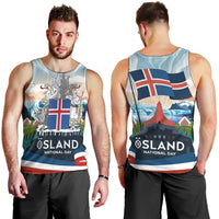 Iceland National Day Men Tank Top with Icelandic Flag Crest and Scenic Landscape Design