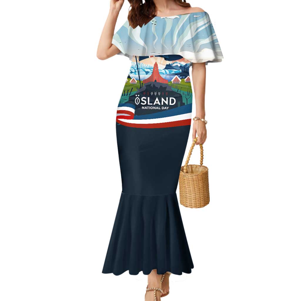 Iceland National Day Mermaid Dress with Icelandic Flag Crest and Scenic Landscape Design