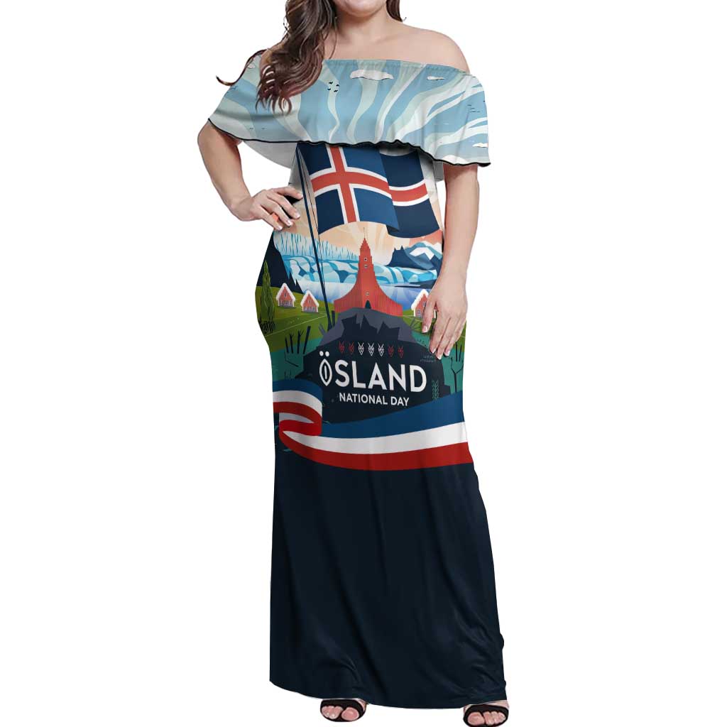 Iceland National Day Off Shoulder Maxi Dress with Icelandic Flag Crest and Scenic Landscape Design