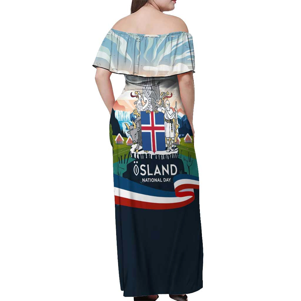 Iceland National Day Off Shoulder Maxi Dress with Icelandic Flag Crest and Scenic Landscape Design
