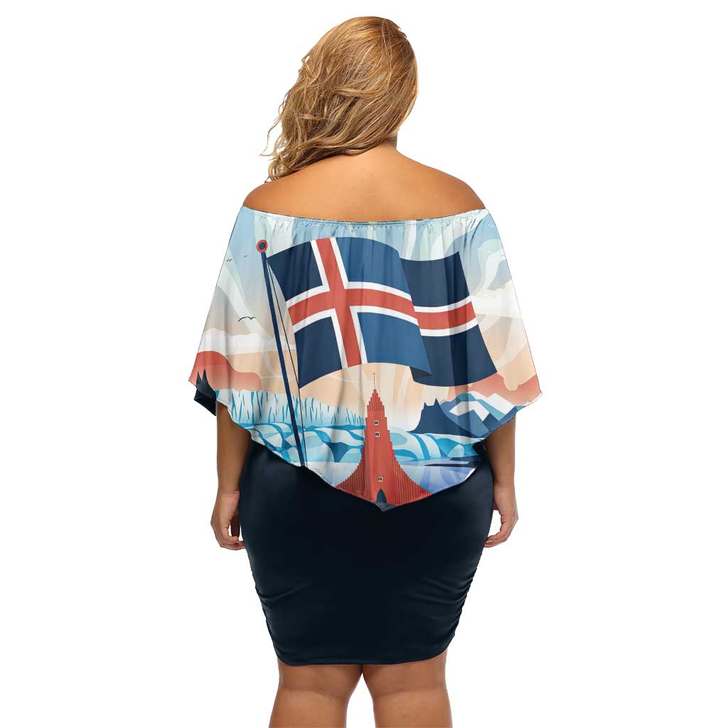 Iceland National Day Off Shoulder Short Dress with Icelandic Flag Crest and Scenic Landscape Design