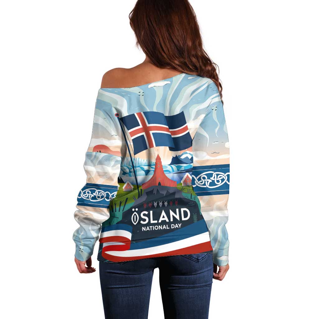 Iceland National Day Off Shoulder Sweater with Icelandic Flag Crest and Scenic Landscape Design