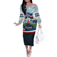 Iceland National Day Off The Shoulder Long Sleeve Dress with Icelandic Flag Crest and Scenic Landscape Design