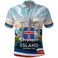 Iceland National Day Polo Shirt with Icelandic Flag Crest and Scenic Landscape Design