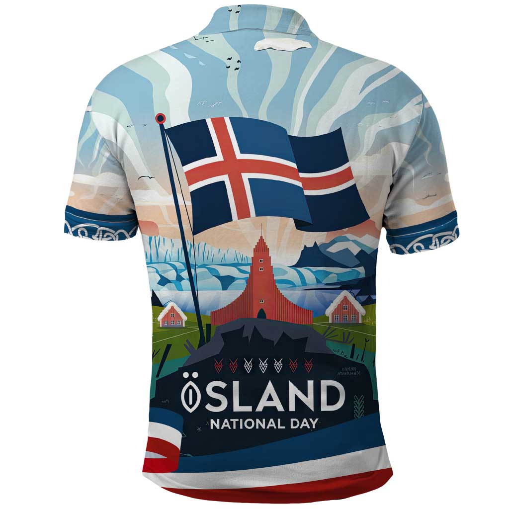 Iceland National Day Polo Shirt with Icelandic Flag Crest and Scenic Landscape Design