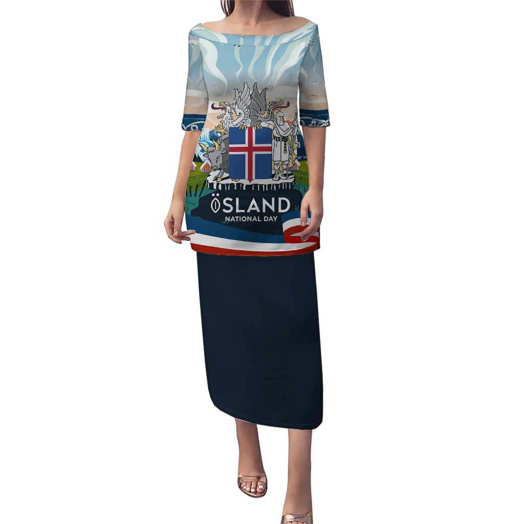 Iceland National Day Puletasi with Icelandic Flag Crest and Scenic Landscape Design