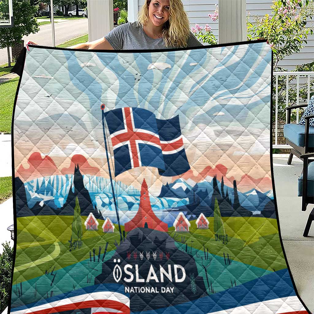 Iceland National Day Quilt with Icelandic Flag Crest and Scenic Landscape Design