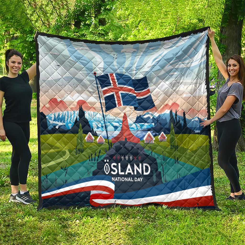 Iceland National Day Quilt with Icelandic Flag Crest and Scenic Landscape Design