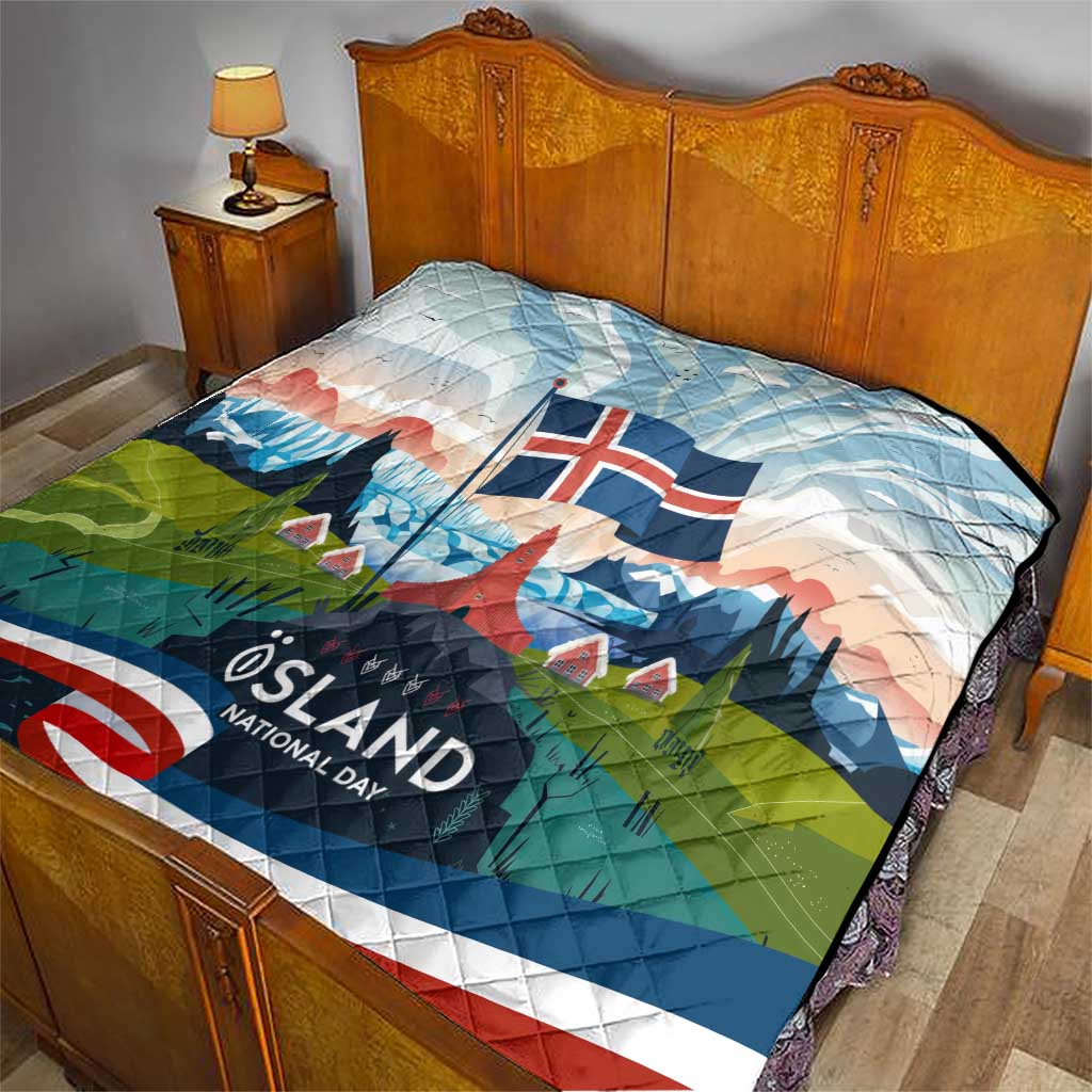 Iceland National Day Quilt with Icelandic Flag Crest and Scenic Landscape Design