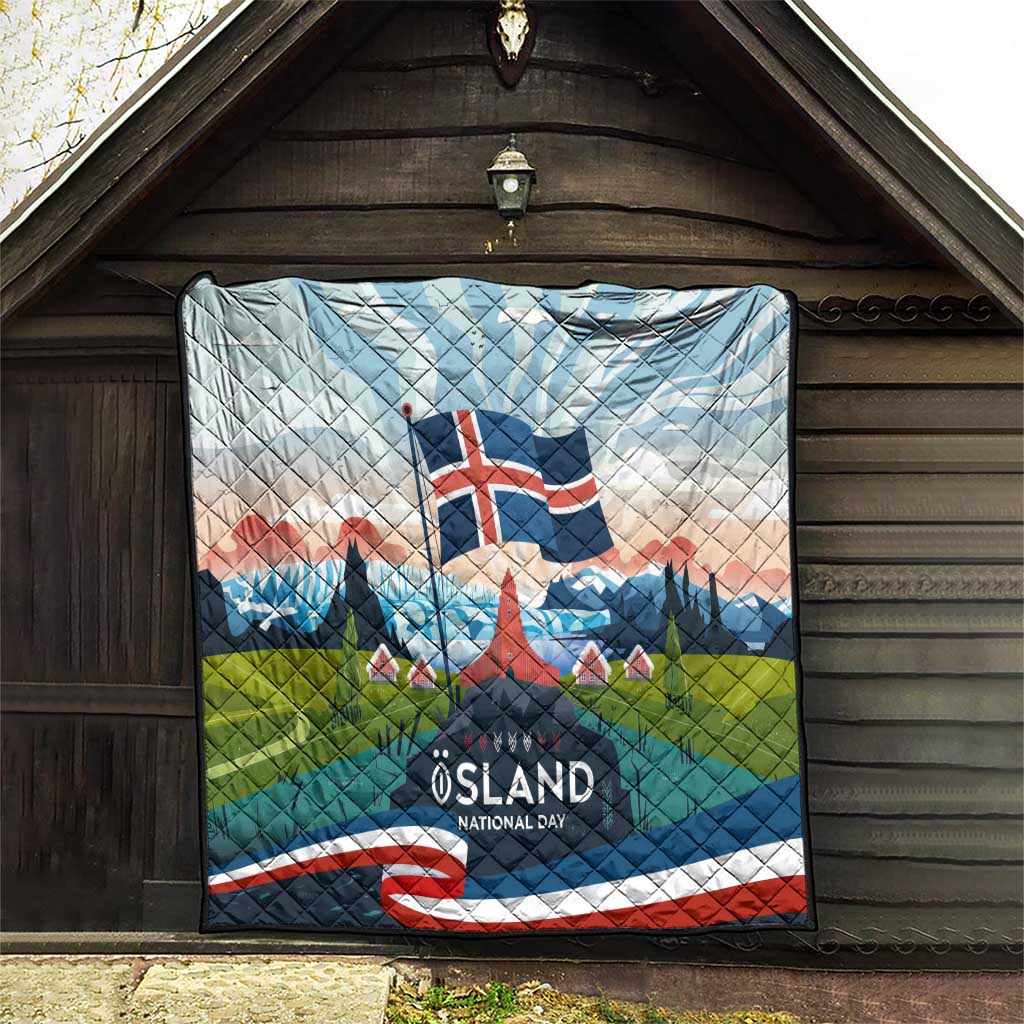 Iceland National Day Quilt with Icelandic Flag Crest and Scenic Landscape Design