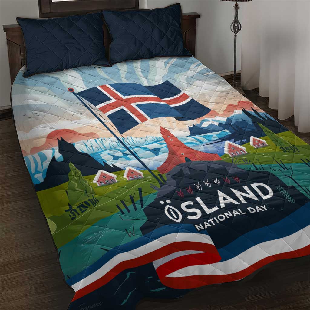 Iceland National Day Quilt Bed Set with Icelandic Flag Crest and Scenic Landscape Design