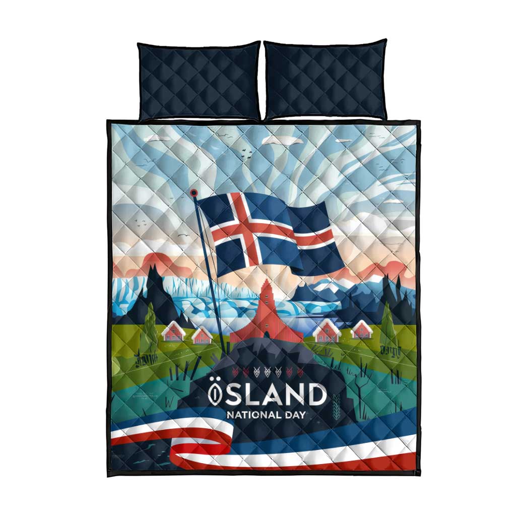 Iceland National Day Quilt Bed Set with Icelandic Flag Crest and Scenic Landscape Design