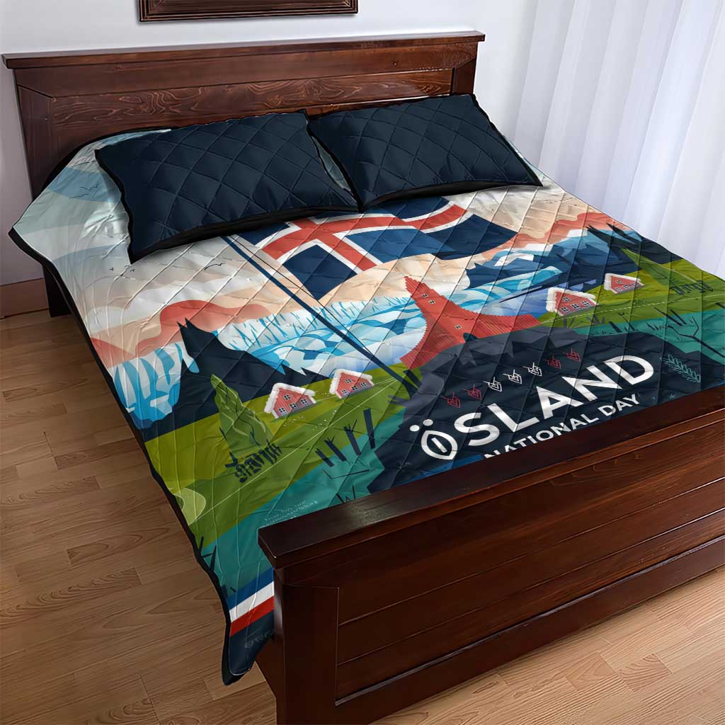 Iceland National Day Quilt Bed Set with Icelandic Flag Crest and Scenic Landscape Design