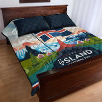 Iceland National Day Quilt Bed Set with Icelandic Flag Crest and Scenic Landscape Design