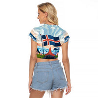 Iceland National Day Raglan Cropped T Shirt with Icelandic Flag Crest and Scenic Landscape Design