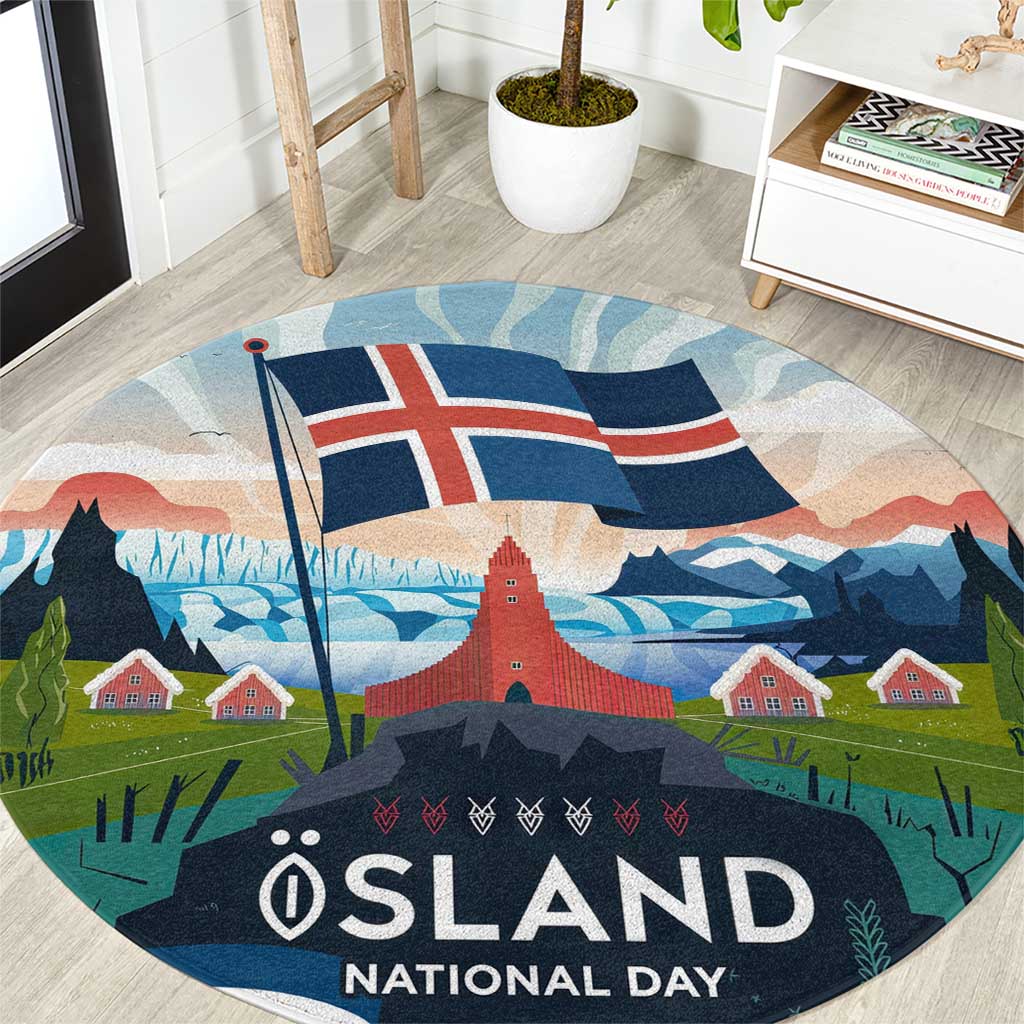 Iceland National Day Round Carpet with Icelandic Flag Crest and Scenic Landscape Design