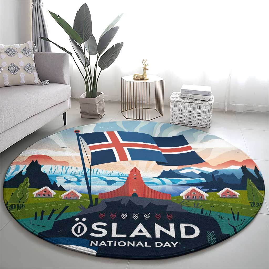 Iceland National Day Round Carpet with Icelandic Flag Crest and Scenic Landscape Design