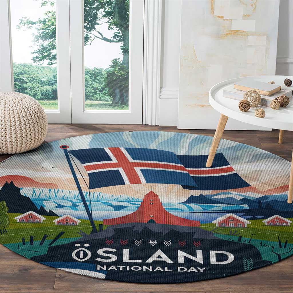 Iceland National Day Round Carpet with Icelandic Flag Crest and Scenic Landscape Design