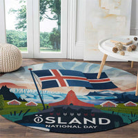 Iceland National Day Round Carpet with Icelandic Flag Crest and Scenic Landscape Design