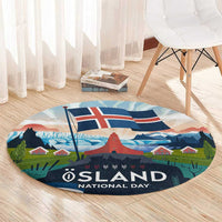 Iceland National Day Round Carpet with Icelandic Flag Crest and Scenic Landscape Design