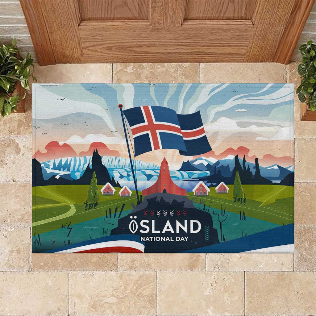 Iceland National Day Rubber Doormat with Icelandic Flag Crest and Scenic Landscape Design