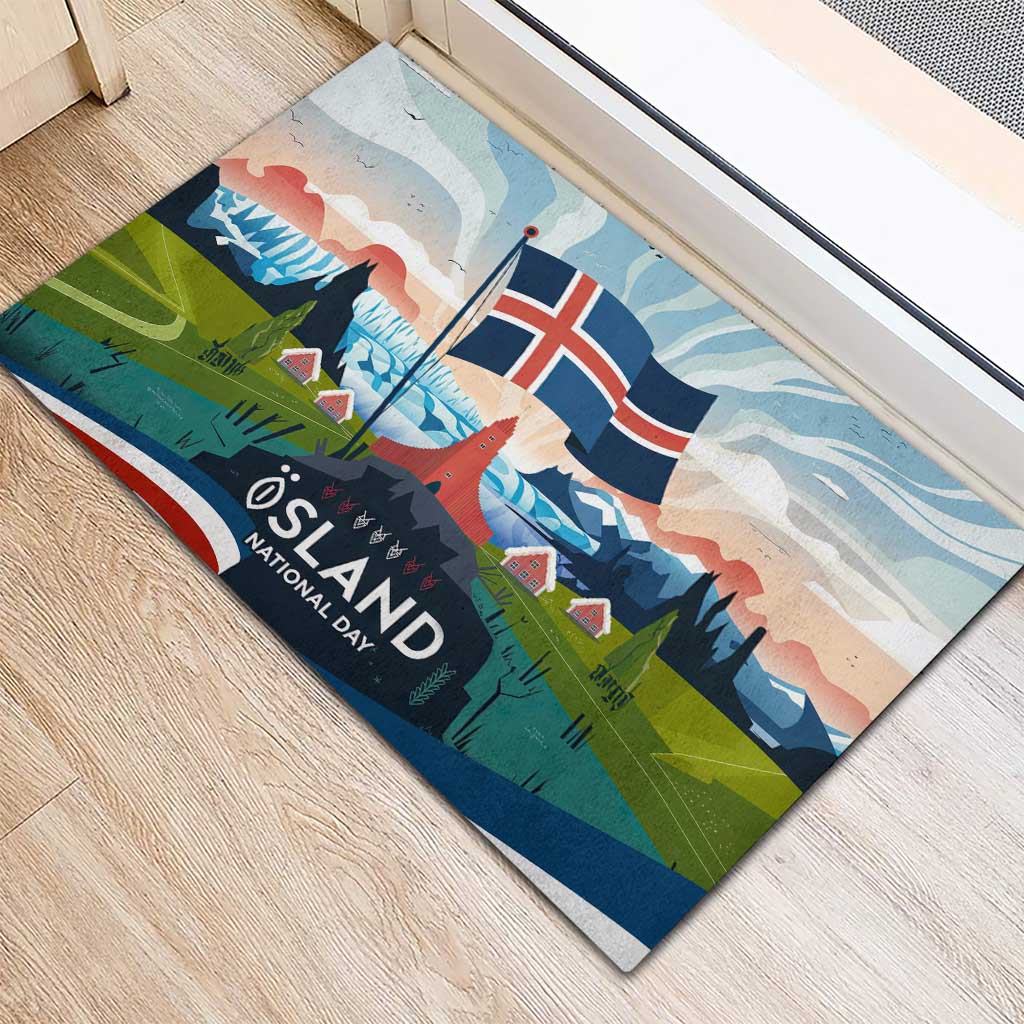 Iceland National Day Rubber Doormat with Icelandic Flag Crest and Scenic Landscape Design
