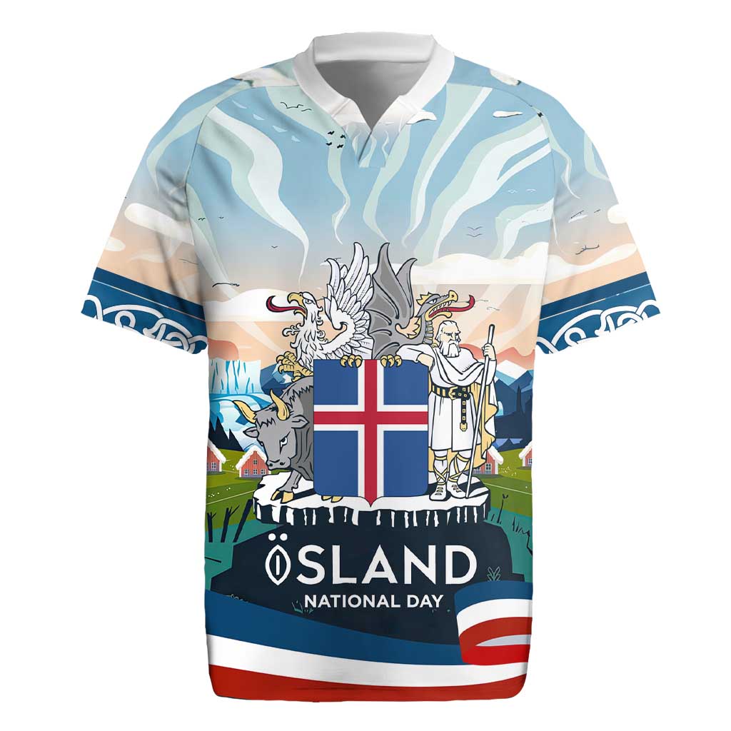Iceland National Day Rugby Jersey with Icelandic Flag Crest and Scenic Landscape Design
