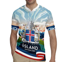 Iceland National Day Rugby Jersey with Icelandic Flag Crest and Scenic Landscape Design