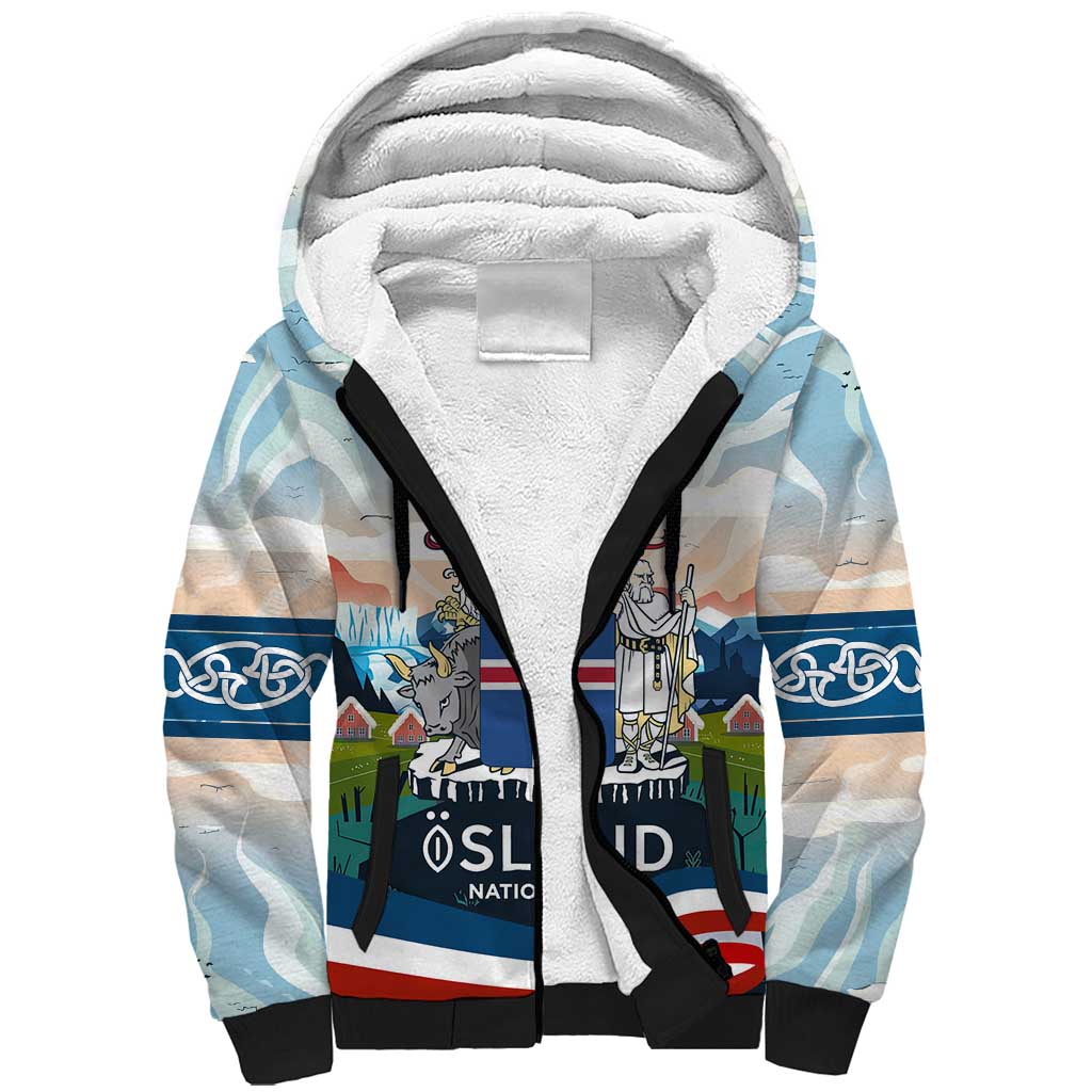 Iceland National Day Sherpa Hoodie with Icelandic Flag Crest and Scenic Landscape Design