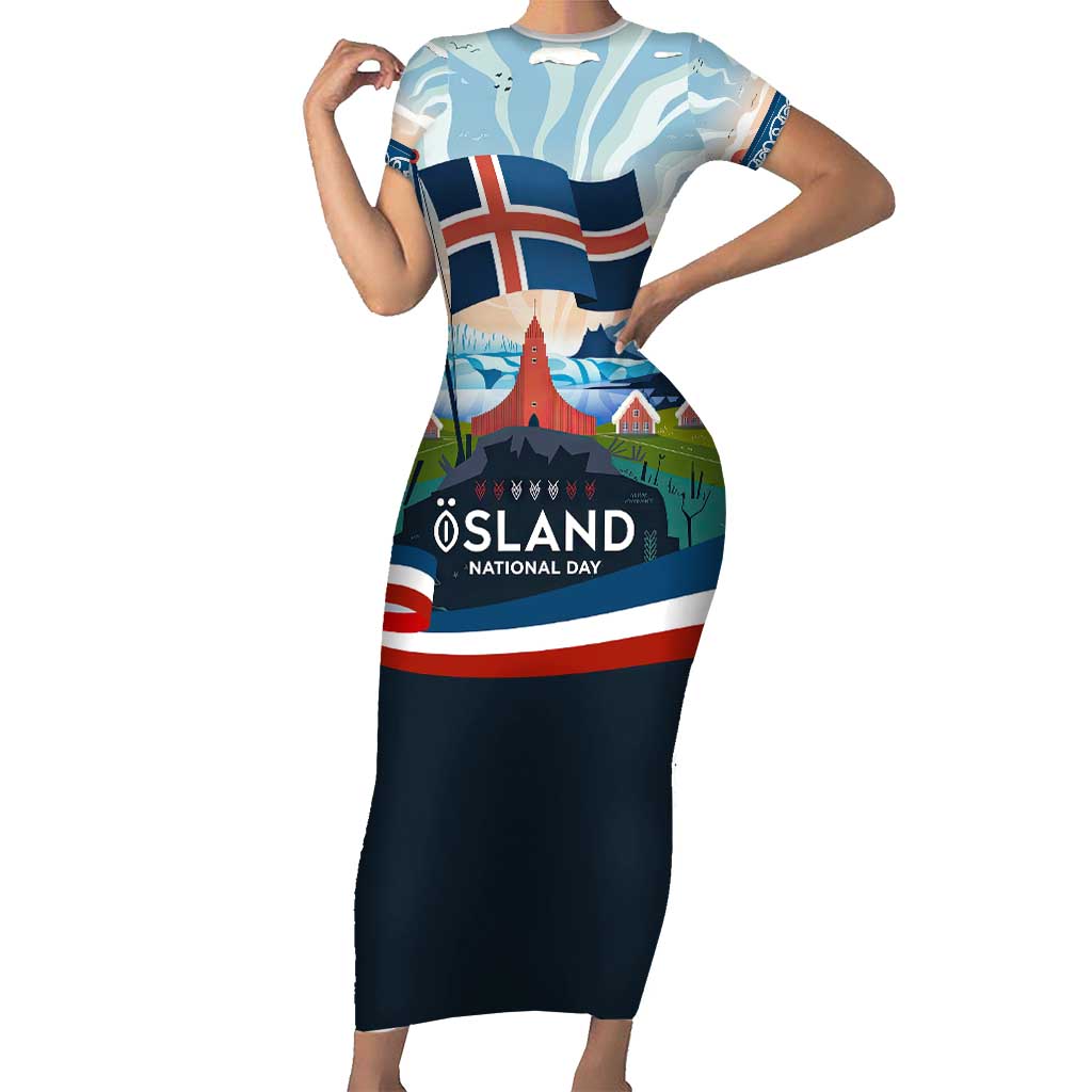Iceland National Day Short Sleeve Bodycon Dress with Icelandic Flag Crest and Scenic Landscape Design