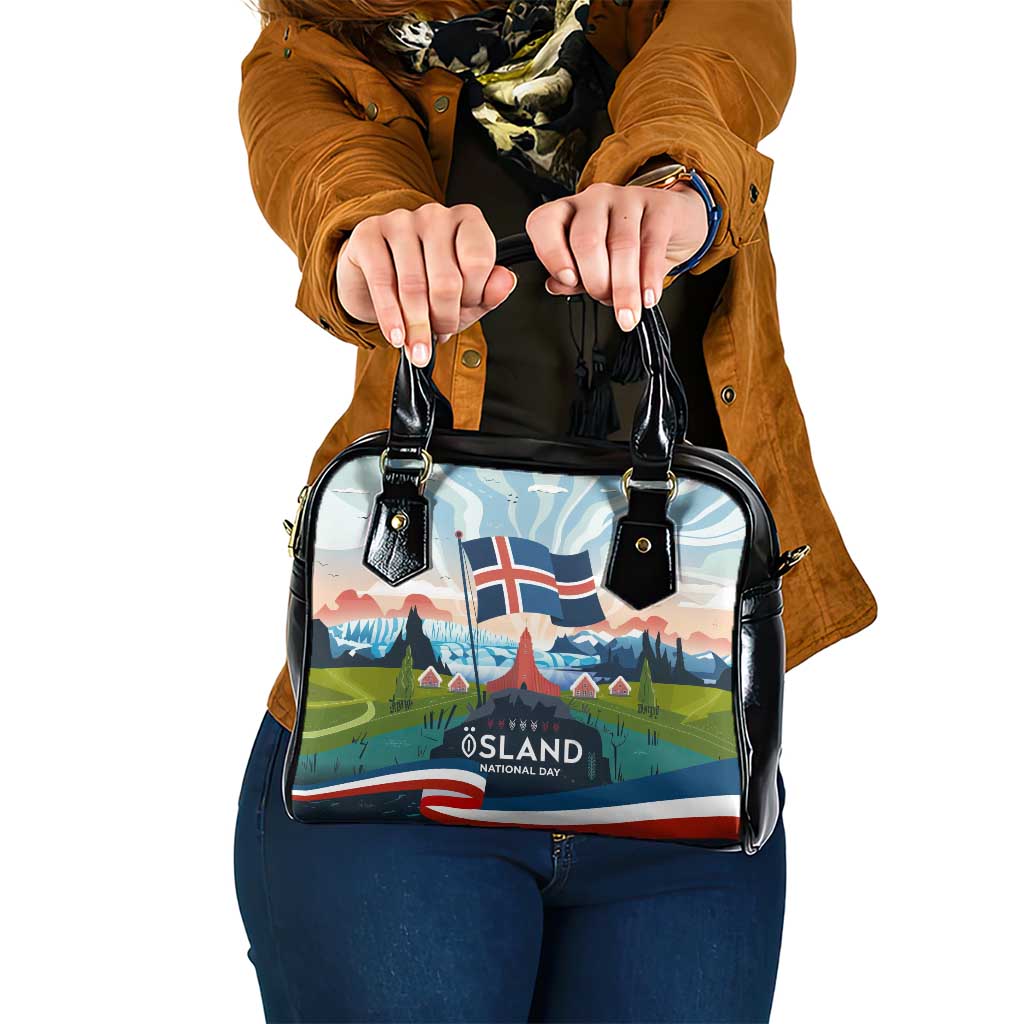 Iceland National Day Shoulder Handbag with Icelandic Flag Crest and Scenic Landscape Design