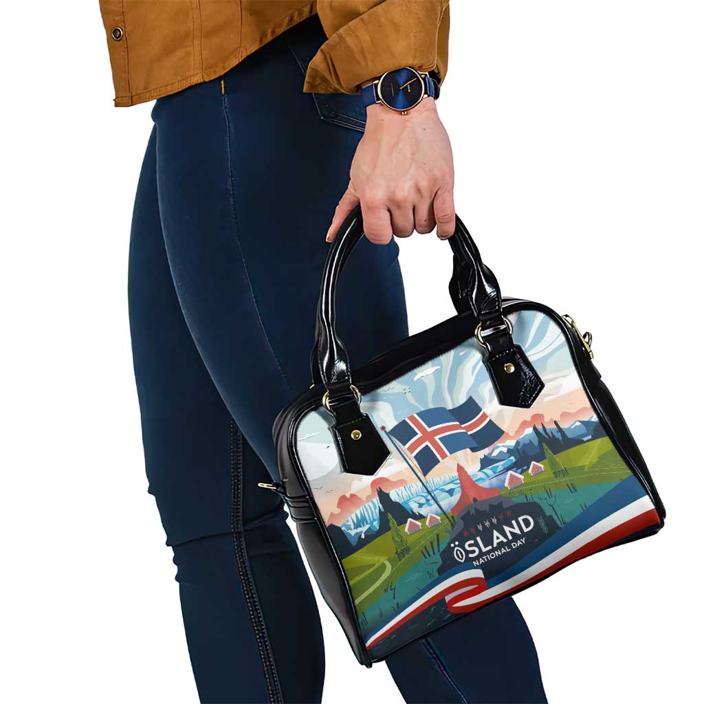Iceland National Day Shoulder Handbag with Icelandic Flag Crest and Scenic Landscape Design