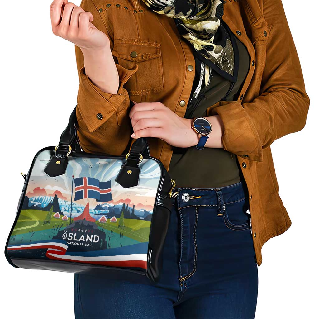 Iceland National Day Shoulder Handbag with Icelandic Flag Crest and Scenic Landscape Design