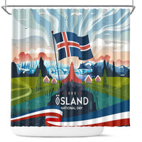 Iceland National Day Shower Curtain with Icelandic Flag Crest and Scenic Landscape Design